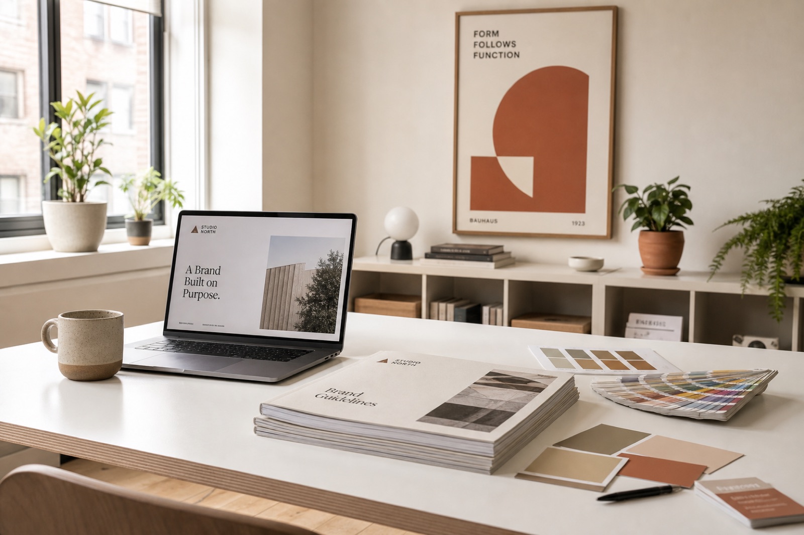 A minimal design studio desk with a laptop showing brand work, a coffee cup, printed brand guidelines and colour swatches