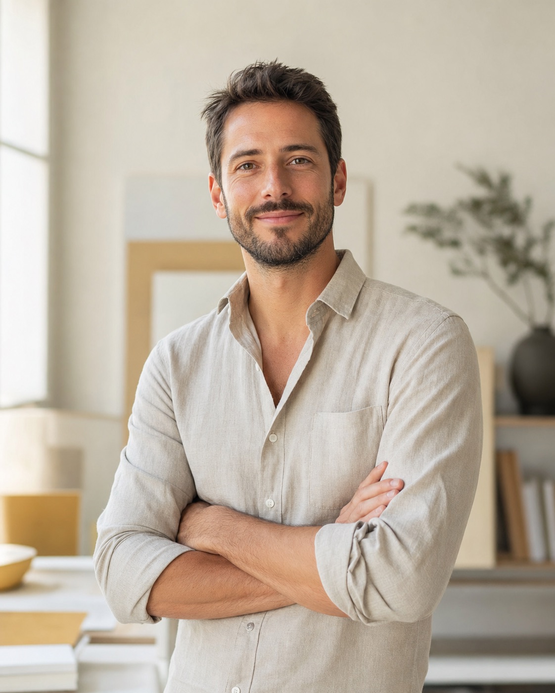 Sam North, founder of Studio North, standing arms crossed in a bright studio