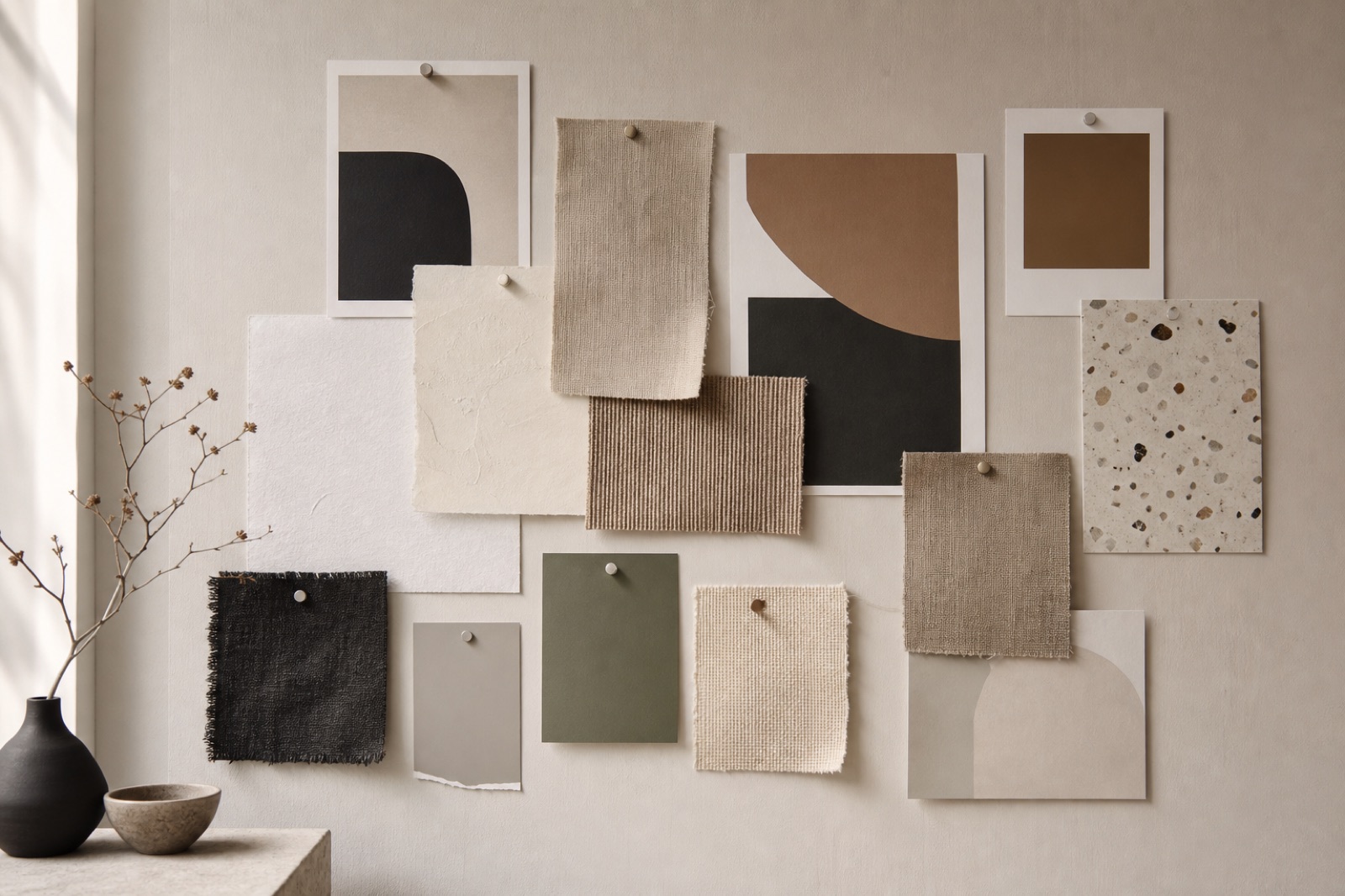 Overhead flatlay of branded stationery including business cards, a letterhead and a cloth-bound notebook on a cream surface