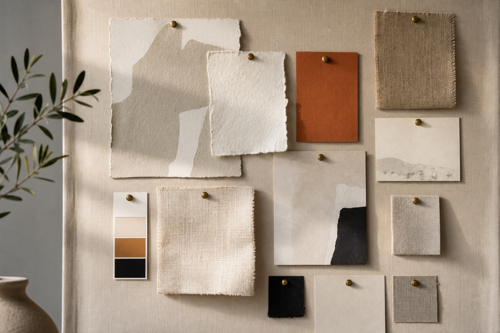 A studio moodboard pinned to a wall with fabric swatches, colour chips and paper textures