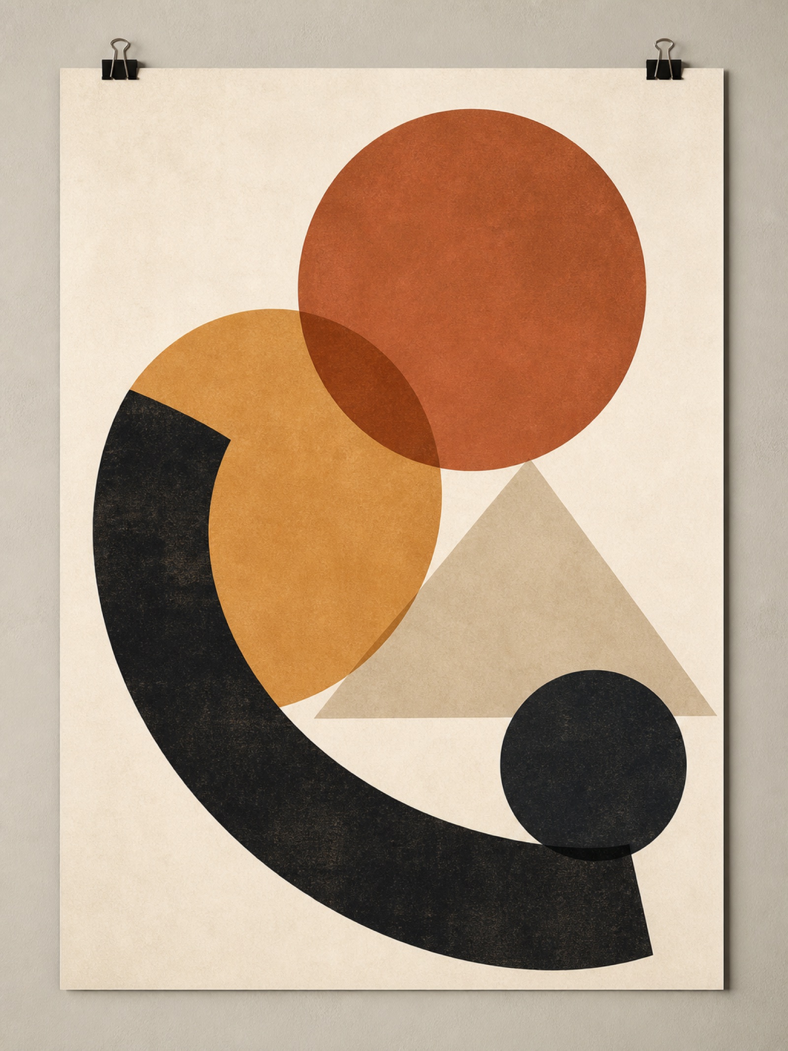 An abstract minimalist poster print in ochre, clay and ink tones with overlapping geometric shapes